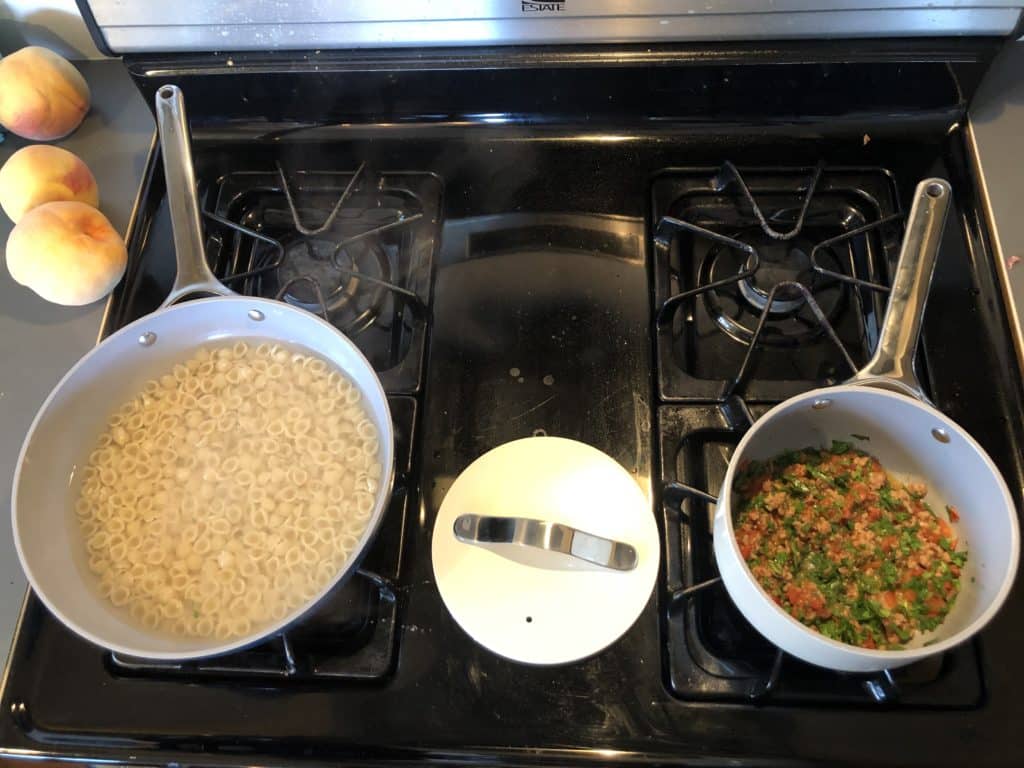 Cooking dinner with Caraway non-toxic cookware