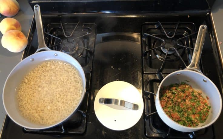 Cooking dinner with Caraway non-toxic cookware