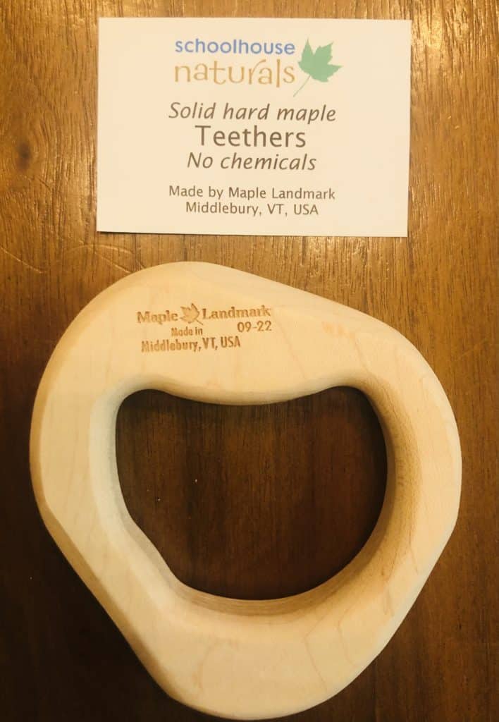 Natural teether made of maple and non-toxic.